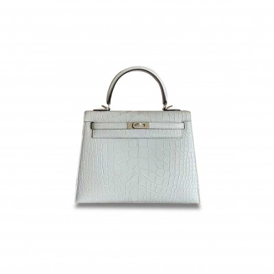 HERMÈS MASTER KELLY 25 MATTE AMERICAN ICE GREY SILVER BUCKLE (25*17*7cm) 